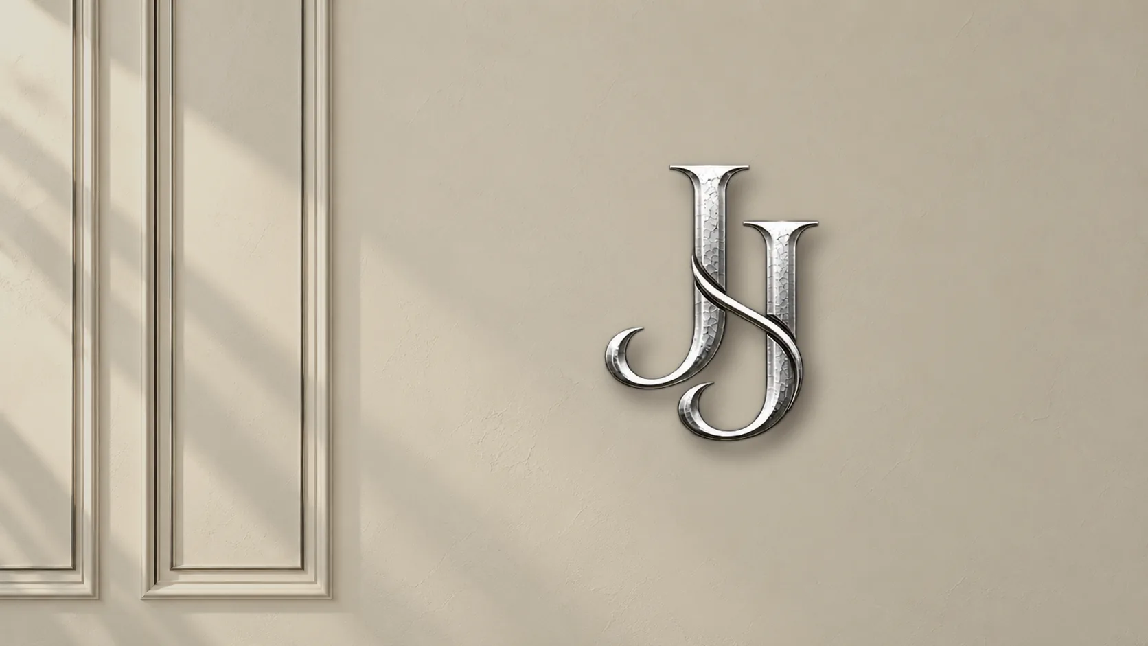 The Jordan James JJ monogram in brushed chrome, mounted on a paneled wall